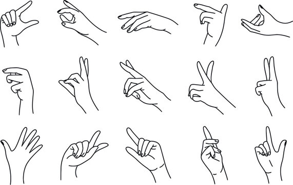 This grid features fifteen different hand gestures depicted in clean, black line art. Various positions are shown, including pointing, counting, peace signs, and common hand signals. This