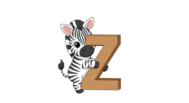 Cute zebra cub hugging a large wooden letter Z on a white background, perfect for educational alphabet learning materials for children.