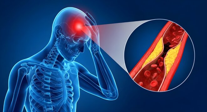 Medical Illustration of Stroke and Brain Artery Blockage with Plaque Visualization