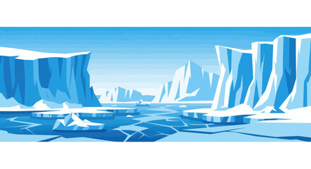 Arctic landscape with icebergs and frozen sea, blue tones, illustration © Deni