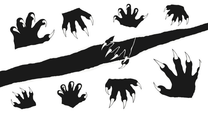 Sharp clawed animal paws and footprints silhouettes graphic design elements