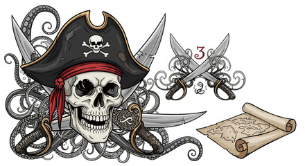 Fototapeta premium Pirate skull with crossed swords tentacles and treasure map vector art
