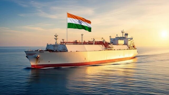Indian LNG Tanker Ship Transporting Liquefied Natural Gas at Sunset