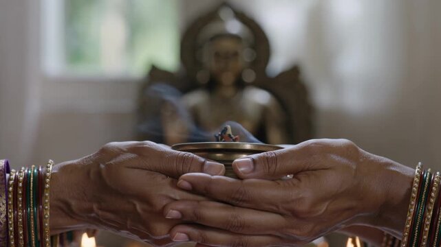 Hindu Ritual Hands Holding Incense Offering with Golden Deity