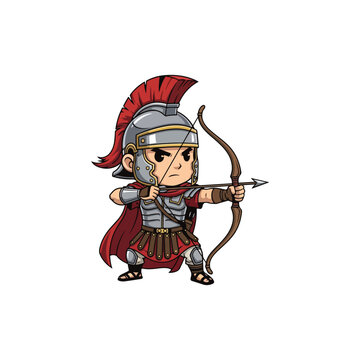 Cute chibi style Roman soldier character wearing silver legionary armor and a red plumed helmet, aiming a wooden longbow with an arrow, isolated on a white background.