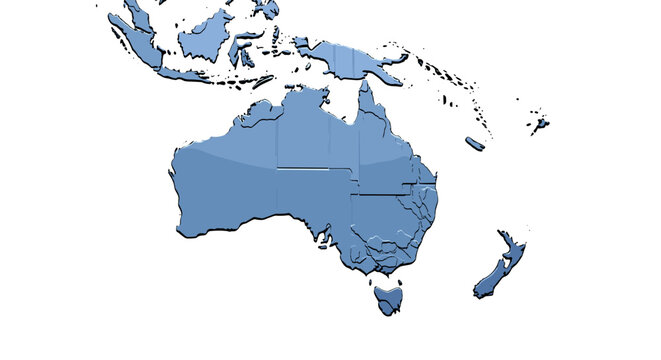 Stylized blue 3d map of australia and oceania continents with islands in ocean