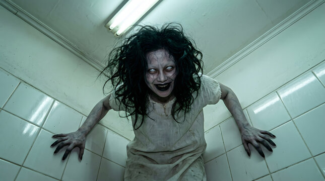 Scary demonic woman with pale skin and white eyes crawling in a tiled room, creepy ghost spirit horror movie scene background.