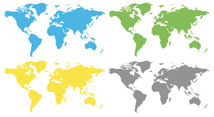 Fototapeta premium Colorful world map illustrations showing continents in blue green yellow and gray