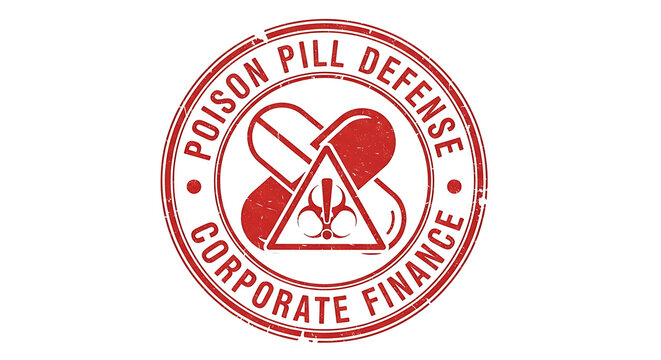 Poison pill defense corporate finance emblem with legal and financial symbols