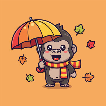 Cute monkey holding colorful umbrella on a fall day with leaves