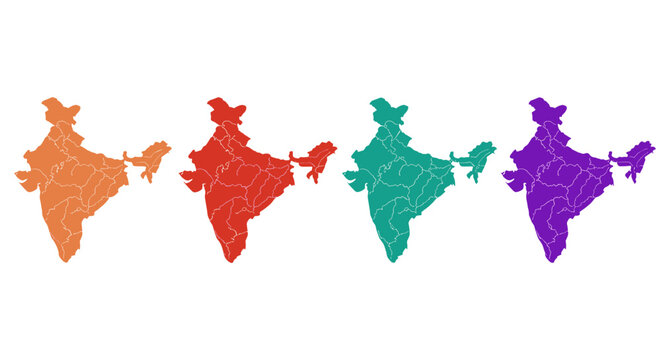 Diverse india map silhouettes in vibrant colors orange red teal purple