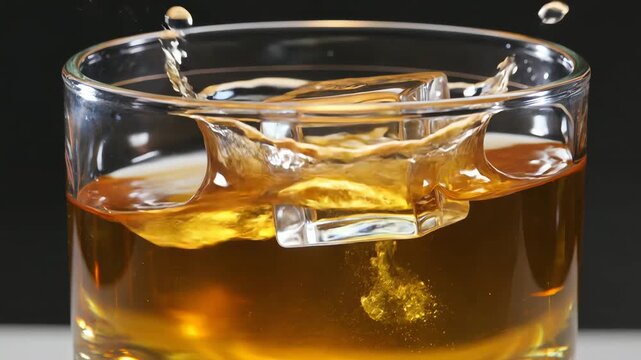 Ice Cube Falling and Splashing Into a Glass of Whiskey or Bourbon