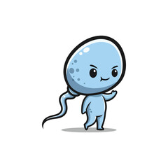 Fototapeta premium Light blue cartoon character representing a human sperm cell with a humanoid body, arms, legs, a smirking face, and a long curved flagellum tail, isolated on a white background.