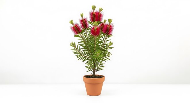 Vibrant red bottlebrush plant in terracotta pot on white background