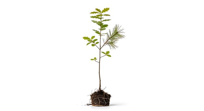 Young oak and pine sapling with exposed roots on white background