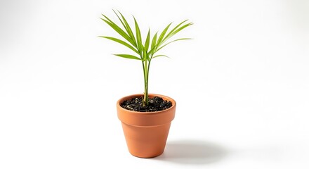 Fototapeta premium Young palm plant in terracotta pot on white background
