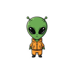 Obraz premium Full body cartoon illustration of a green extraterrestrial alien with large black eyes and antennae, wearing an orange zip-up hoodie and matching pants, isolated on white background.