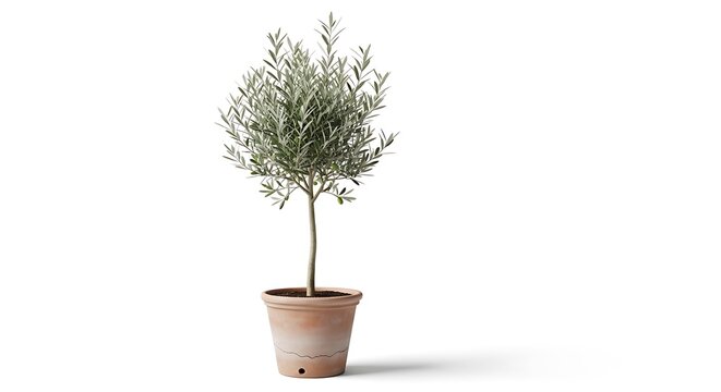 Young olive tree in terracotta pot on white background