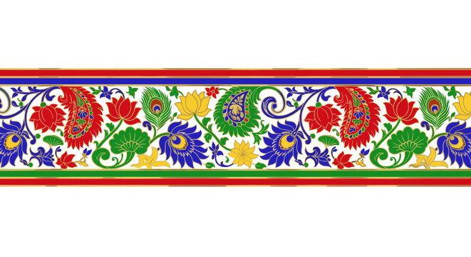 Intricate paisley floral border design with vibrant colors perfect for ethnic