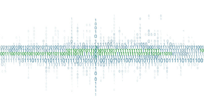 Abstract digital data stream with binary code flowing through a network on white