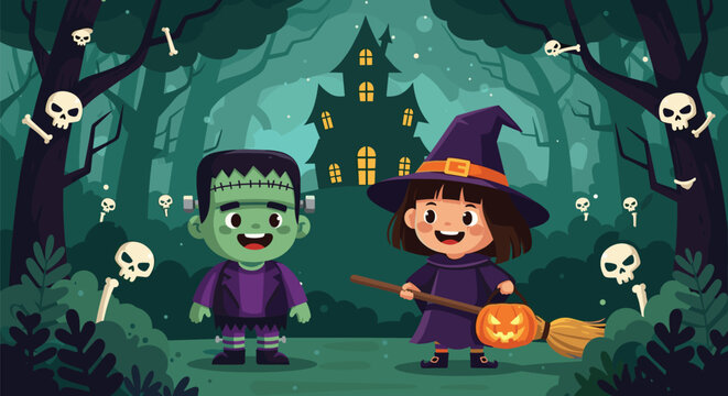 Small Frankenstein boy and a little witch girl holding a pumpkin in a spooky dark forest with a haunted house in the distance.
