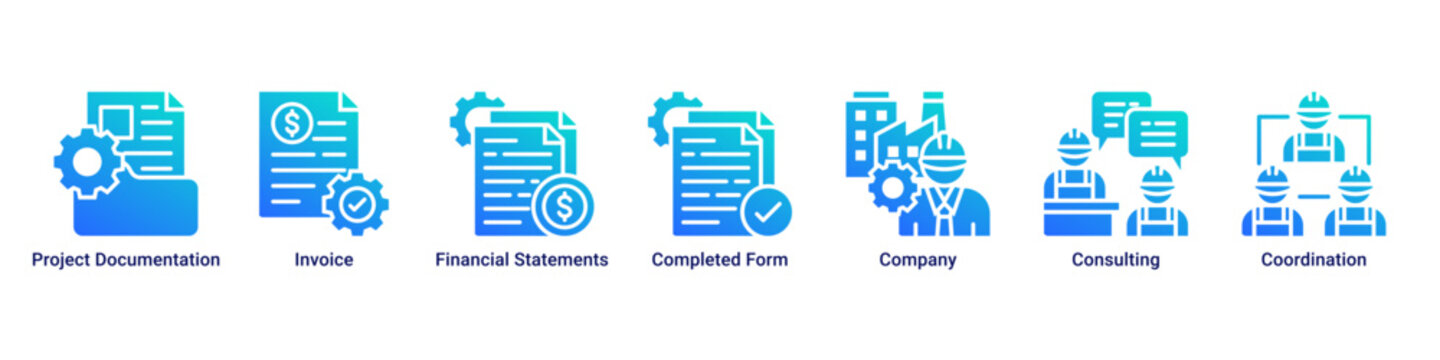 Documentation Flow web banner icon vector illustration with icons of Project Documentation,Invoice,Financial Statements,Completed Form,Company,Consulting and Coordination