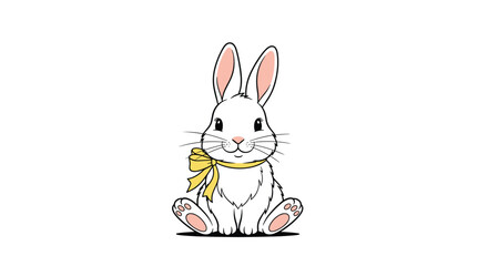 Fototapeta premium Cute white rabbit with a yellow bow around its neck sitting and smiling in a simple vector illustration style.