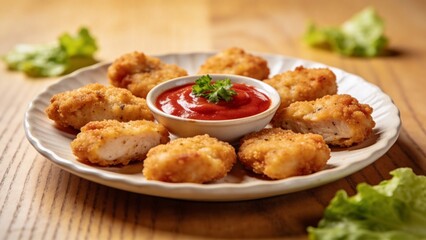 Fototapeta premium Golden crispy chicken nuggets served on a plate with tomato ketchup dipping sauce, tasty appetizer or finger food snack.