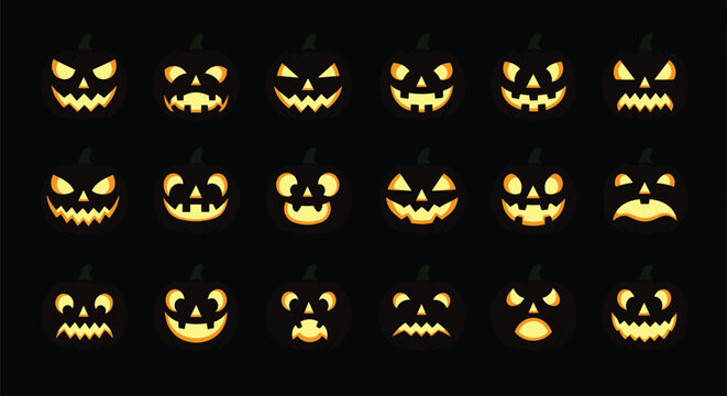 Large collection of glowing jack-o-lantern pumpkin faces with various spooky and funny expressions for halloween.