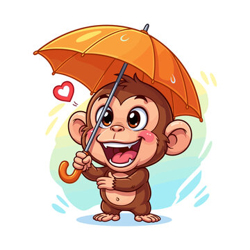 happy monkey holding orange umbrella vector illustration