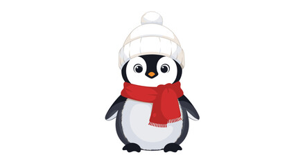 Fototapeta premium Adorable cartoon penguin wearing a cozy white knitted winter hat and a warm red scarf against a white background for winter.