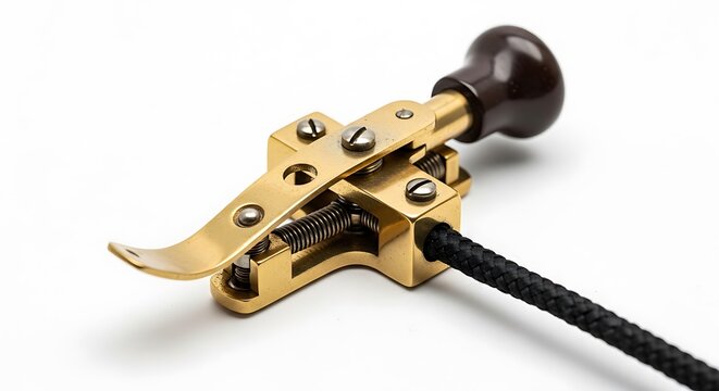 Vintage brass telegraph key with black cord on white background