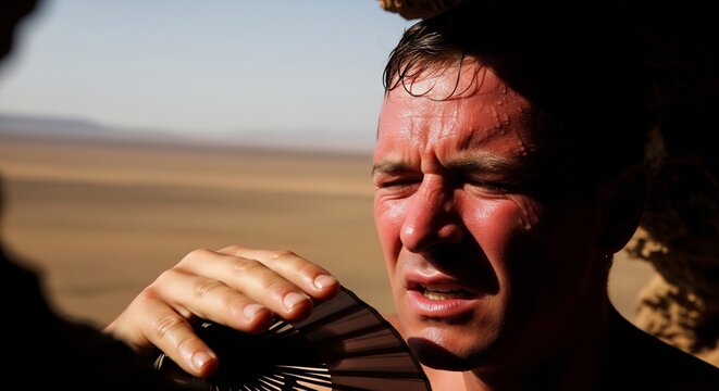 Close-up of a Sweating, Sunburnt Man Struggling with Extreme Desert Heat, Vigorously Fanning Himself for Relief.
