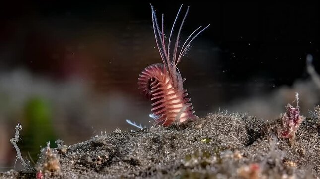 A vibrant purple and pink frogfish also known as a hairy frogfish emerges from coral reef habitat in a macro underwater photograph showcasing its unique camouflage