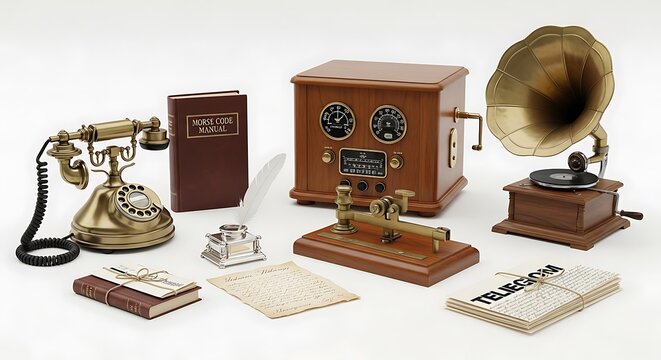 Vintage communication and writing tools display on white background