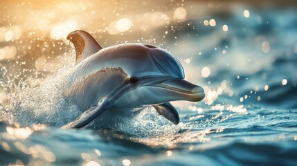 Fototapeta premium dolphin emerging from water, droplets suspended mid air, generative ai