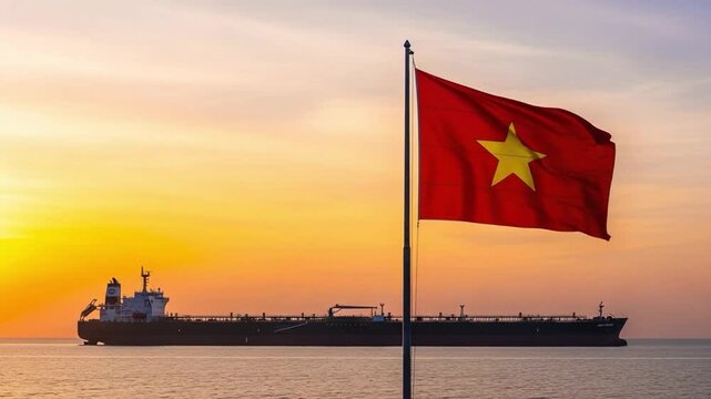 Vietnam national flag and cargo ship at sea during sunset for maritime logistics and export