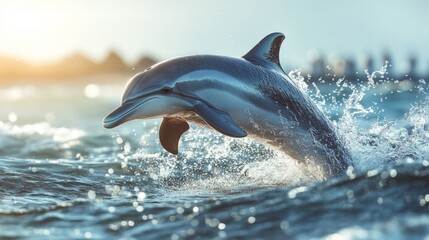 Fototapeta premium dolphin emerging from water, droplets suspended mid air, generative ai