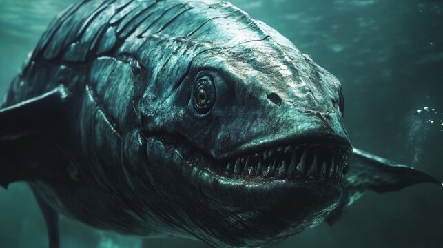dunkleosteus armored head underwater, generative ai