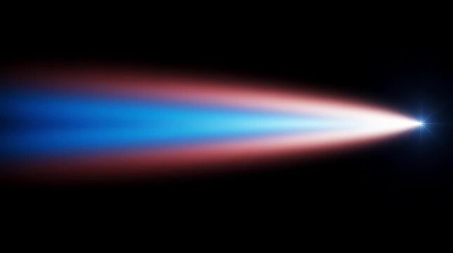 Rocket, propulsion and engine thrust in space for scientific research, aerospace engineering and futuristic technology with a bright blue flame trail accelerating through darkness. Velocity, speed