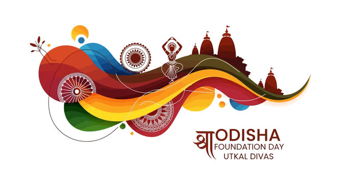 Vibrant illustration celebrating Odisha Foundation Day with colorful waves, temple silhouettes, and traditional motifs on a white background.