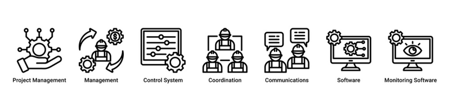 Management System web banner icon vector illustration with icons of Project Management,Management,Control System,Coordination,Communications,Software and Monitoring Software