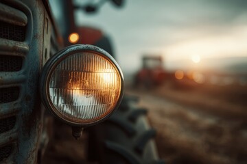 Naklejka premium Close-up of a rustic tractor headlight at sunset on a farm