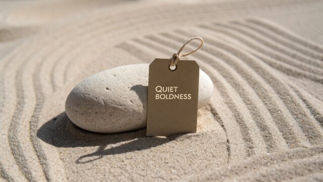 Serene Stone Surrounded by Smooth Sand with a Tag Showing the Phrase Quiet Boldness for Tranquil Atmosphere