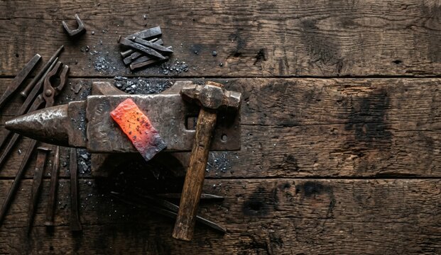 Top view flat lay of a traditional Japanese blacksmith workshop with red-hot forged steel, a rough anvil, and a hammer on a textured wooden bench, craftsmanship concept
