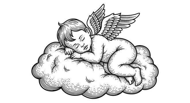 Serene winged cherub baby sleeping peacefully on a fluffy cloud in vintage