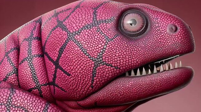 Close-up of a vibrant pink dinosaur head with detailed scales and sharp teeth showcasing a prehistoric reptile in a striking stylized 3D render