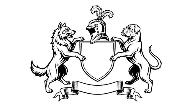 Heraldic crest with wolf and dog supporters helmet shield and banner for emblem