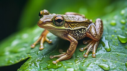 Obraz premium frog sitting on a wet leaf, visible water generative ai