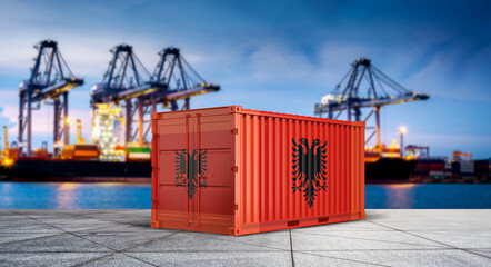Albanian Shipping Container at Port: An Albanian-themed shipping container stands prominently at a bustling port, symbolizing international trade and the movement of goods. © bao